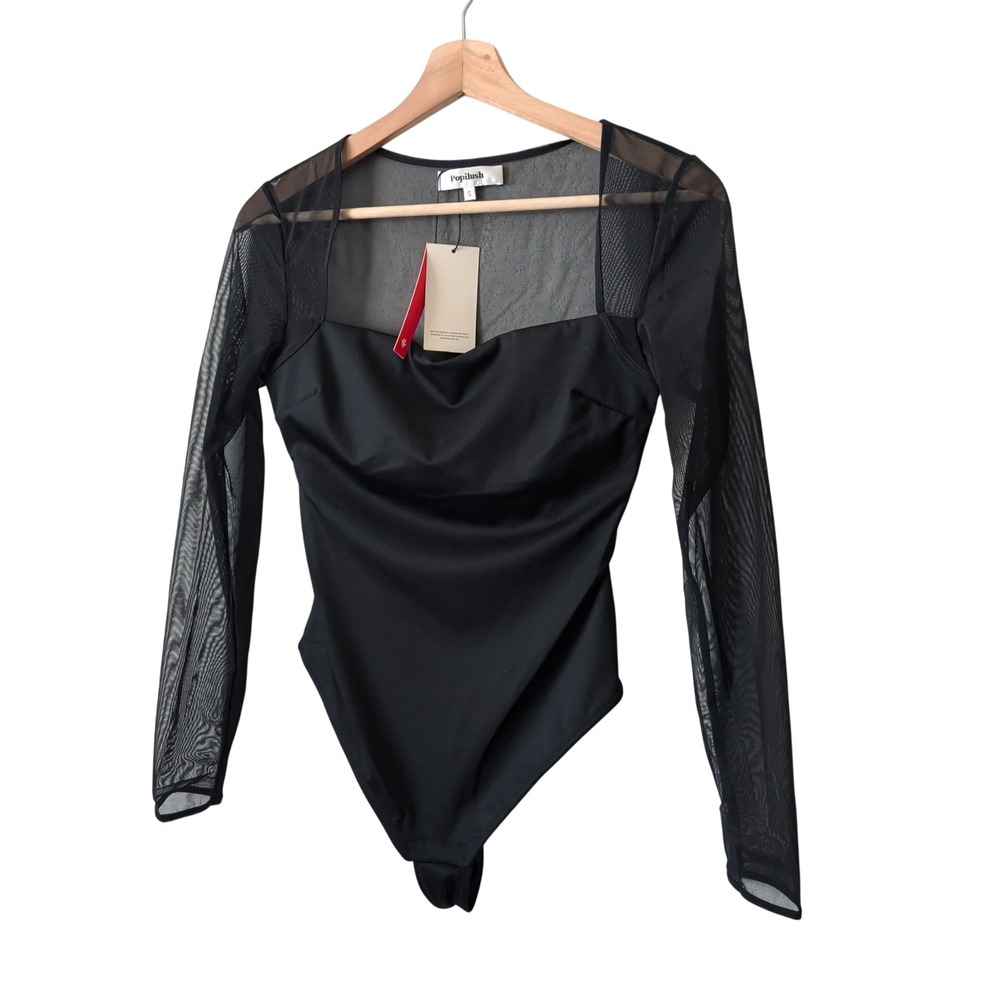 Popilush Womens Black Sheer Mesh Long Sleeve Square Neck Bodysuit Size Small NWT
